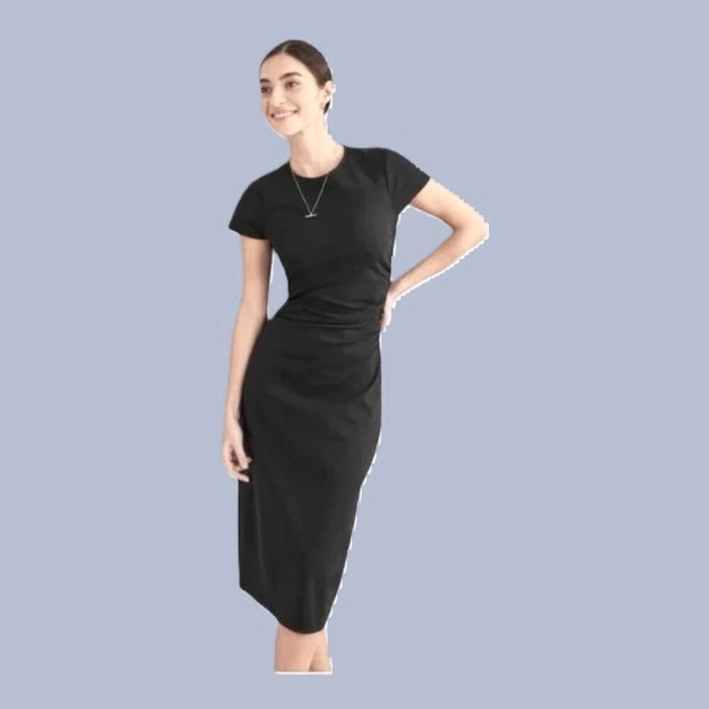 NWT Boden Midi Dress, Short Sleeves, Side Ruching, Navy Blue, Size 4